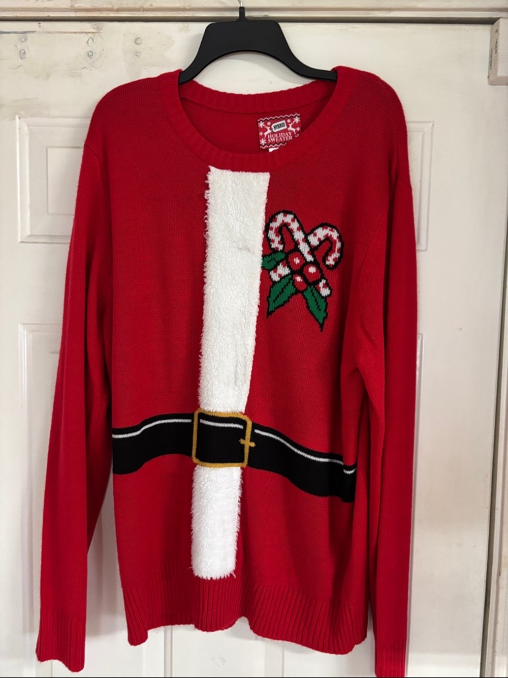Hybrid & company Red Crewneck Sweater with Santa Belt and Candy Canes Accent